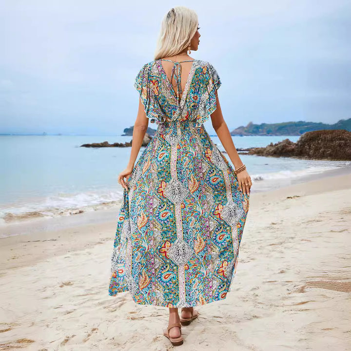 Dame Maxikjole i Boho-stil med voluminøse ærmer og dyb V-udskæring Stilla