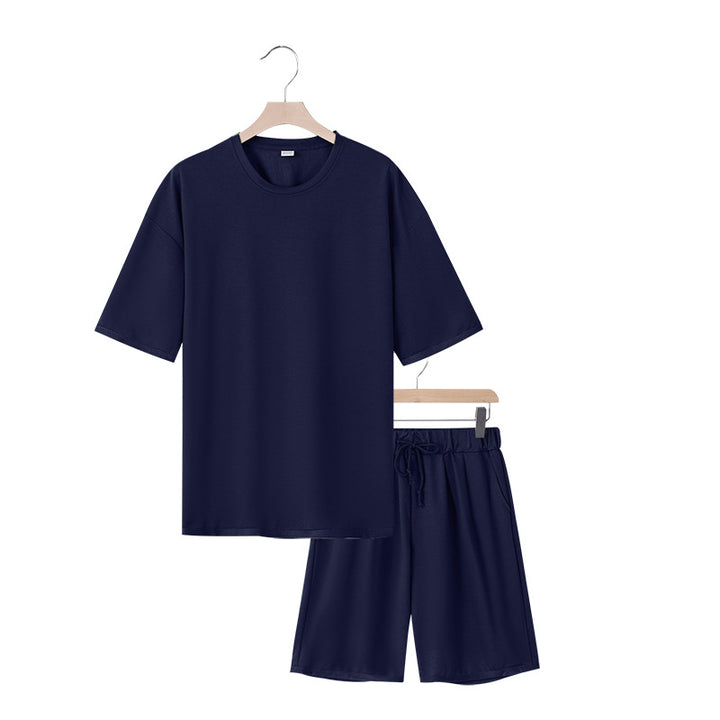 Herrer afslappet jersey-sæt med forlænget rundhalset T-shirt og elastiske snoretræk-shorts Skovae
