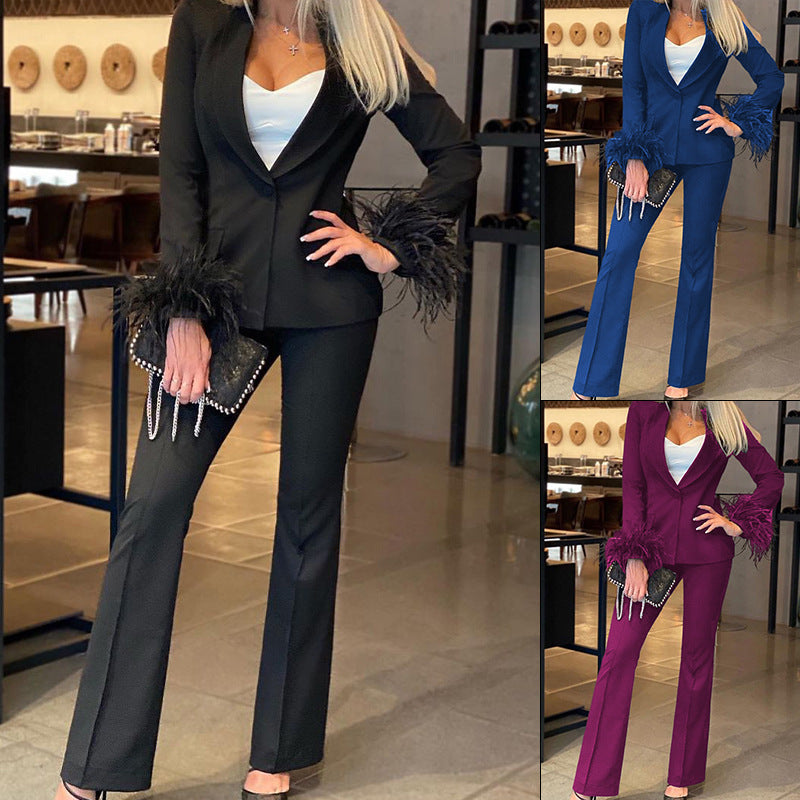 Dame Elegant Blazer-sæt med fjer og smal pasform Stilla
