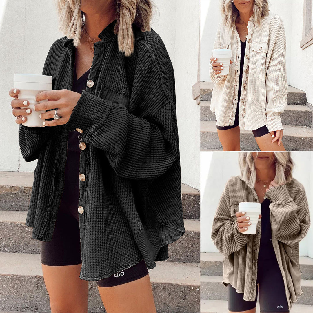 Dame Oversized Vaffel-Shirtjakke med knaplukning og praktiske lommer Stilla