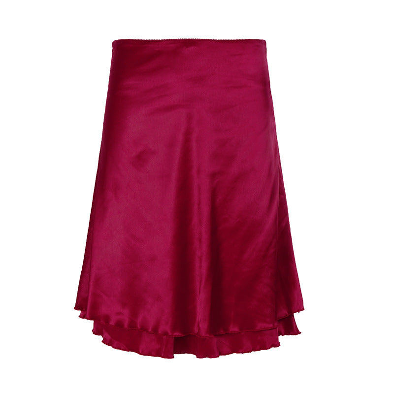 Dame Satin-nederdel med volumøs flæseafslutning og elastisk talje Skovae