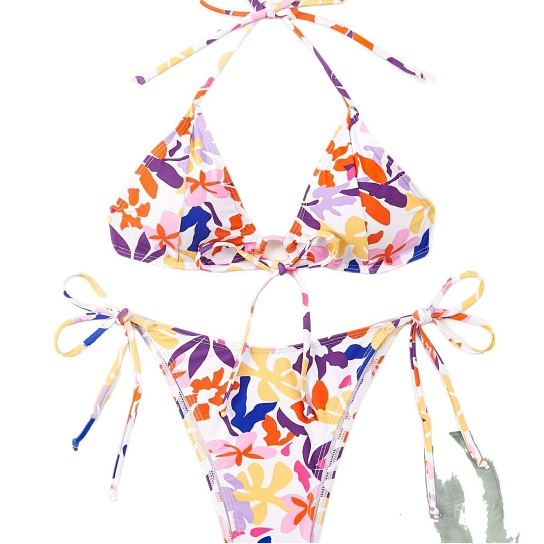 Dame Triangel-Bikini med justerbare snore og glad blomsterdesign Skovae