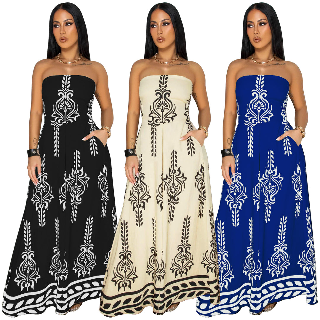 Dame Maxi-kjole med elegant skulderfri design og iøjnefaldende print Stilla