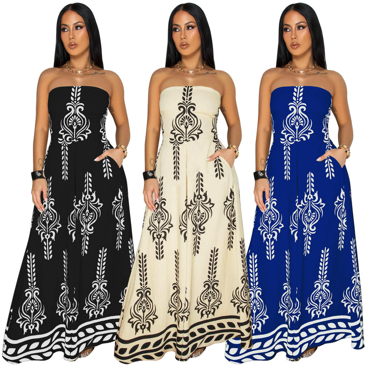 Dame Maxi-kjole med elegant skulderfri design og iøjnefaldende print Stilla