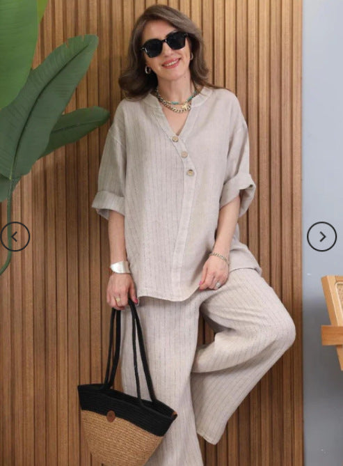Dame Sommerlig Linnedbluse med brede Bukser Stilla
