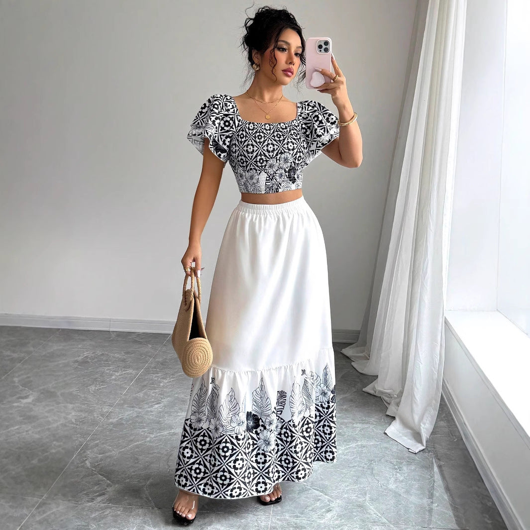 Dame Bohemian Trykt Crop Top og Maxi Skørt Sæt Stilla