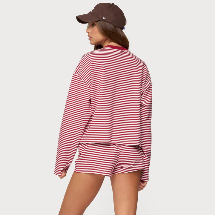 Dame Casual Stripe Loungewear Sæt med langærmet top og kort bukser Skovae