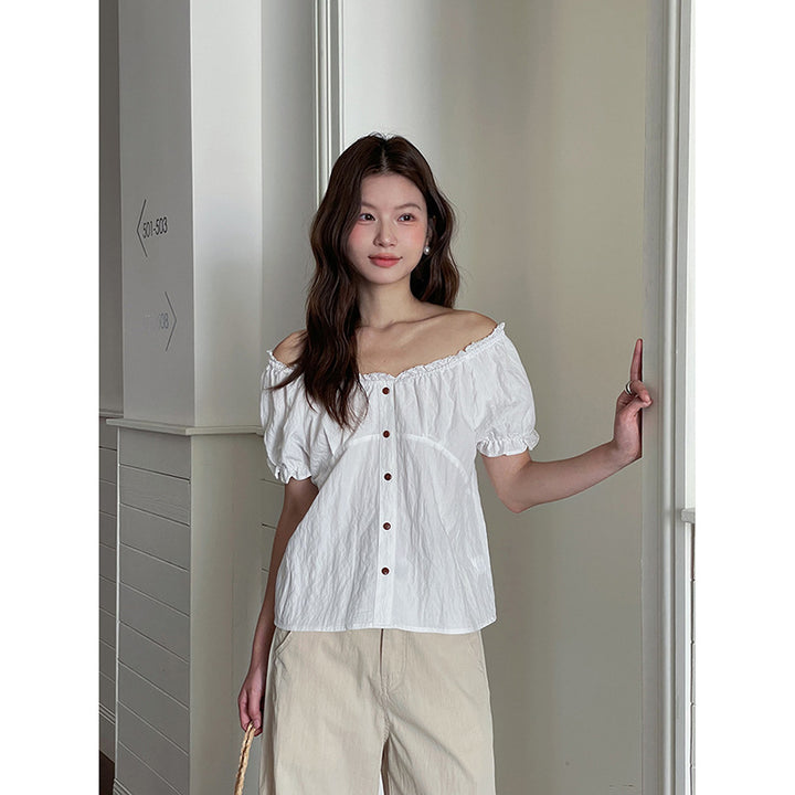 Dame Off-Shoulder Bluse med knapdetaljer og elastiske ærmer Stilla