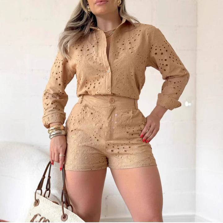 Dame Knapliste Skjorte med Øjer og Shorts Sæt Stilla