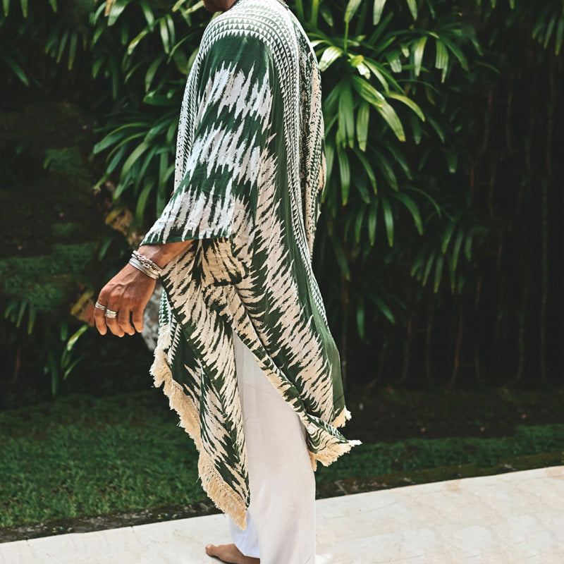 Herren nan let strandeponcho i kimono-stil med frynser Skovae