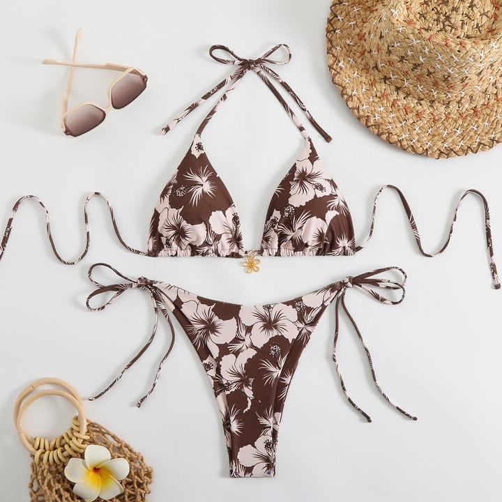 Dame Triangel-Bikini-Sæt med blomstret design og legesyge bindebånd Skovae