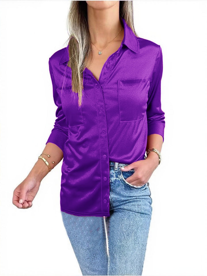 Dame elegant satinbluse med brystlomme og gennemgående knaplukning Stilla