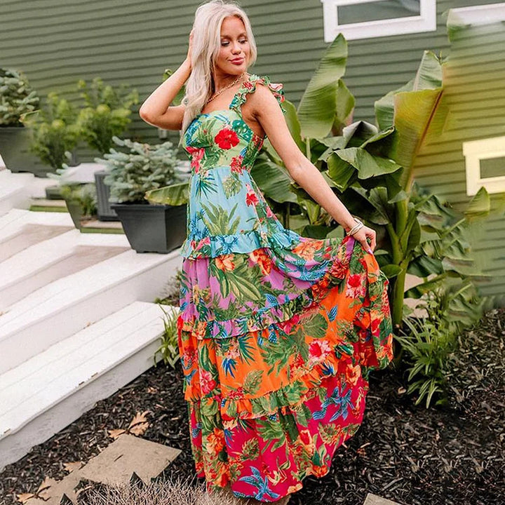 Dame one-piece badedragt med blomstermønster og flæsedetaljer Skovae