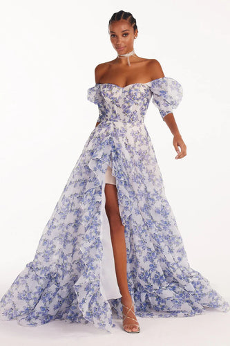 Dame bryllupskjole med off-shoulder design og voluminøse puffærmer. Stilla
