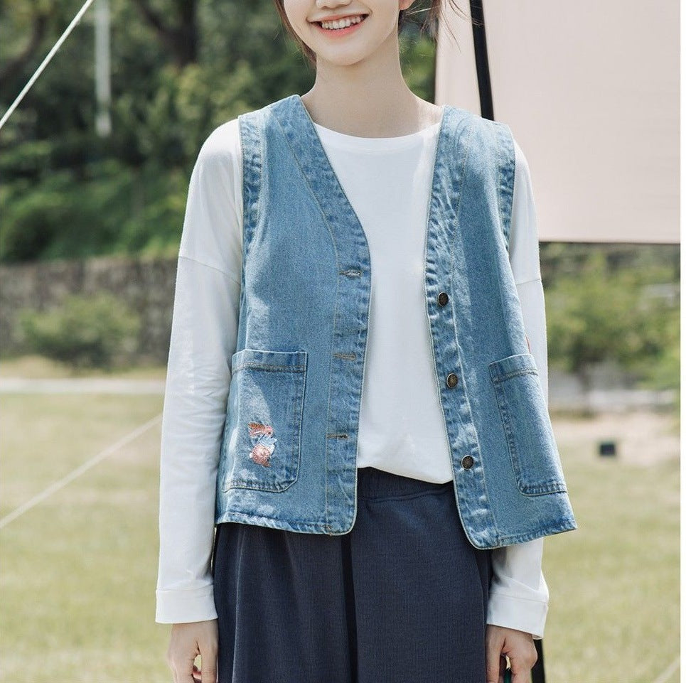 Kvinderne fashionable denim vest med lommer og knapdetaljer Stilla