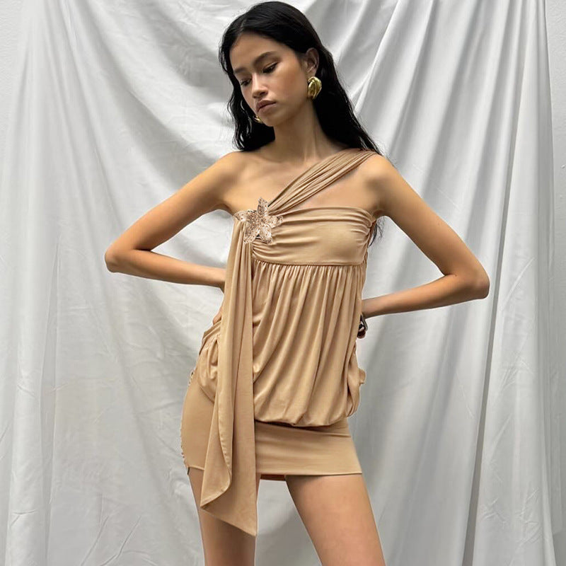 Dame One-Shoulder Draperet Mini-Kjole med udsmykkede detaljer Stilla