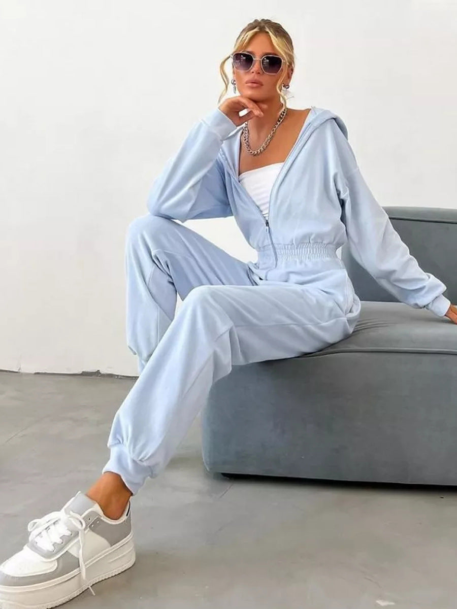 Kvindernes fløjls jumpsuit med hætte og elastisk talje Skovae