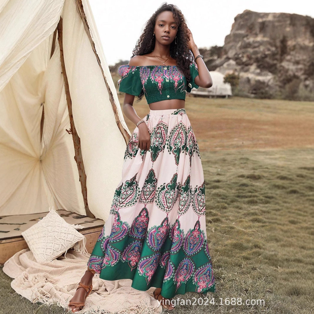 Dame Bohemian Off-Shoulder Crop Top og Maxi Skirt Sæt Stilla