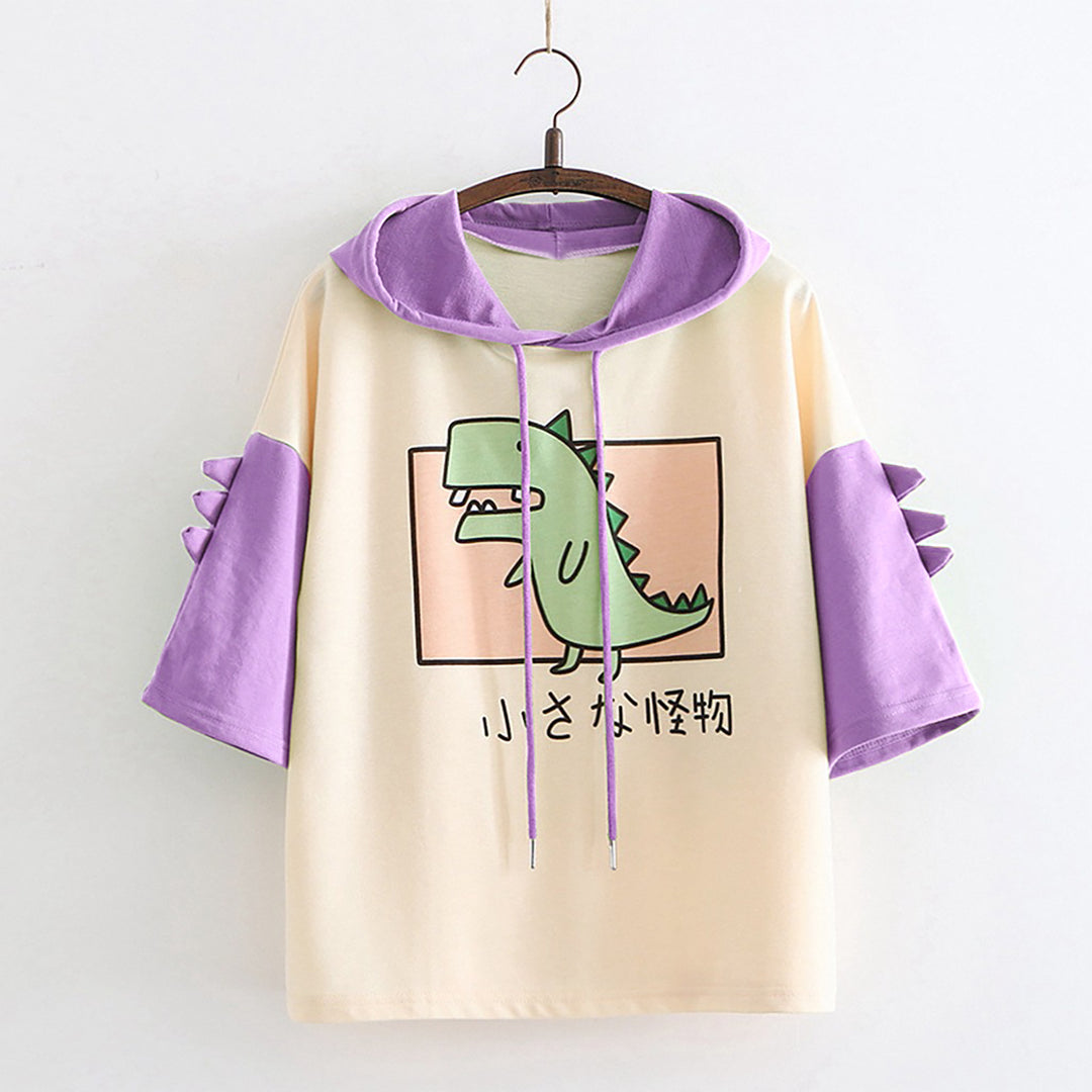 Dame Hoodie-T-shirt med spændende dino-design og stilige 3D-rugfløjter Stilla