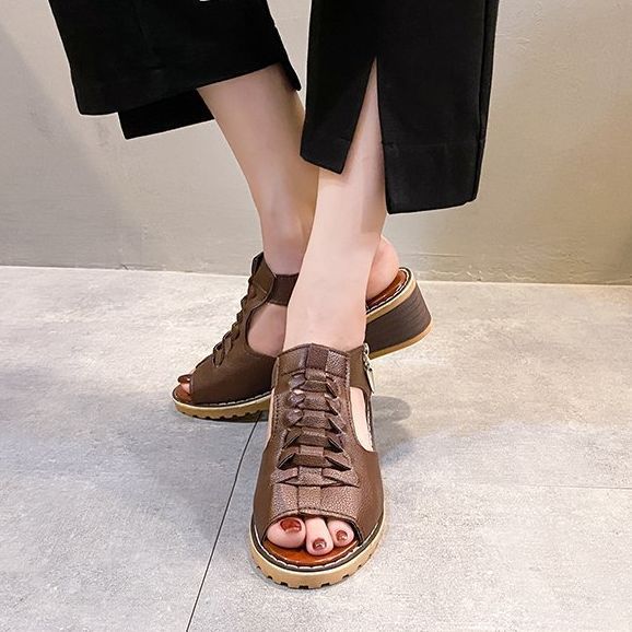 Dame trendy snørresandaler med åben tåparti og komfortabel blokhæl Stilla