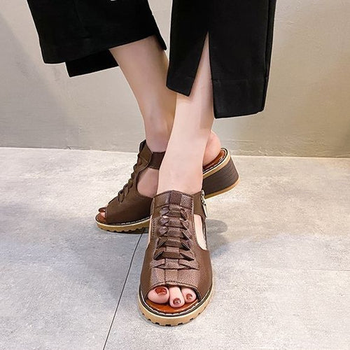 Dame trendy snørresandaler med åben tåparti og komfortabel blokhæl Stilla