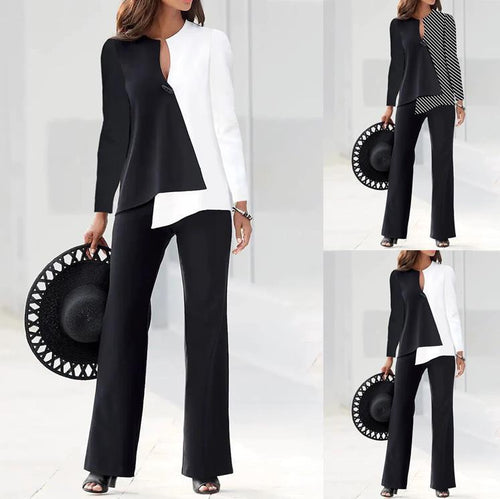 Dame elegant blazer sæt med asymmetrisk snit og stribet mønster Stilla