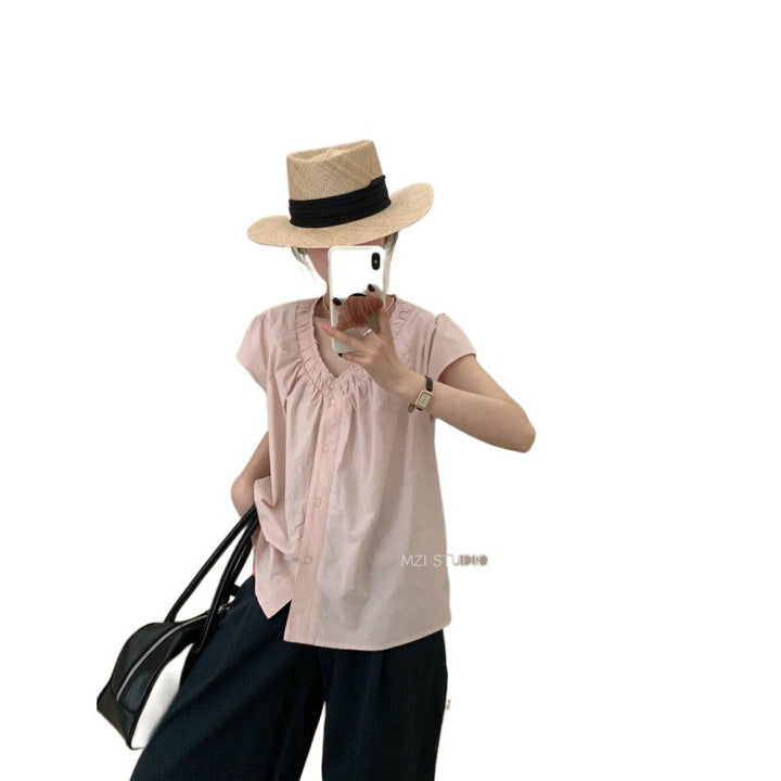 Femme Rille skjorte med V-udskæring casual bluse Stilla