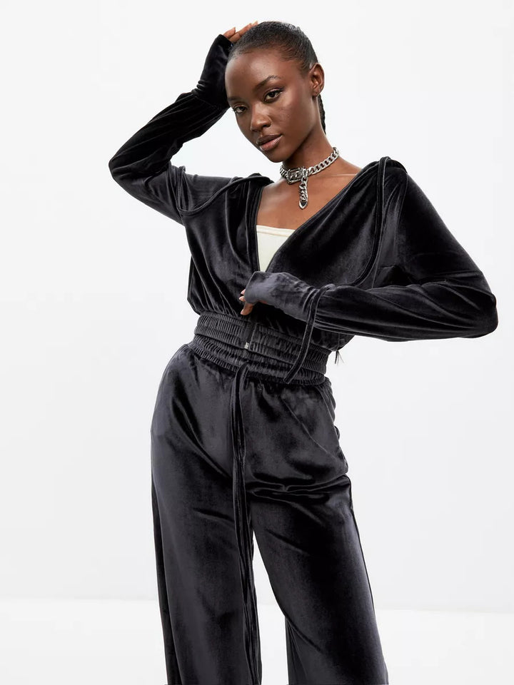 Kvindernes sporty velour loungewear-sæt med høj talje og lynlås Skovae