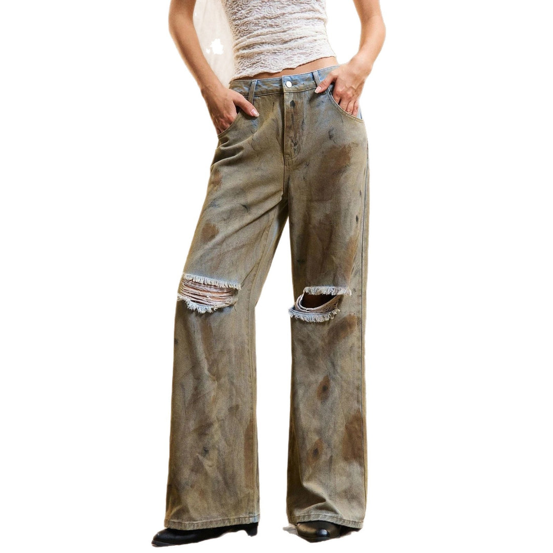Kvindernes bredskårne jeans med slidte detaljer Stilla
