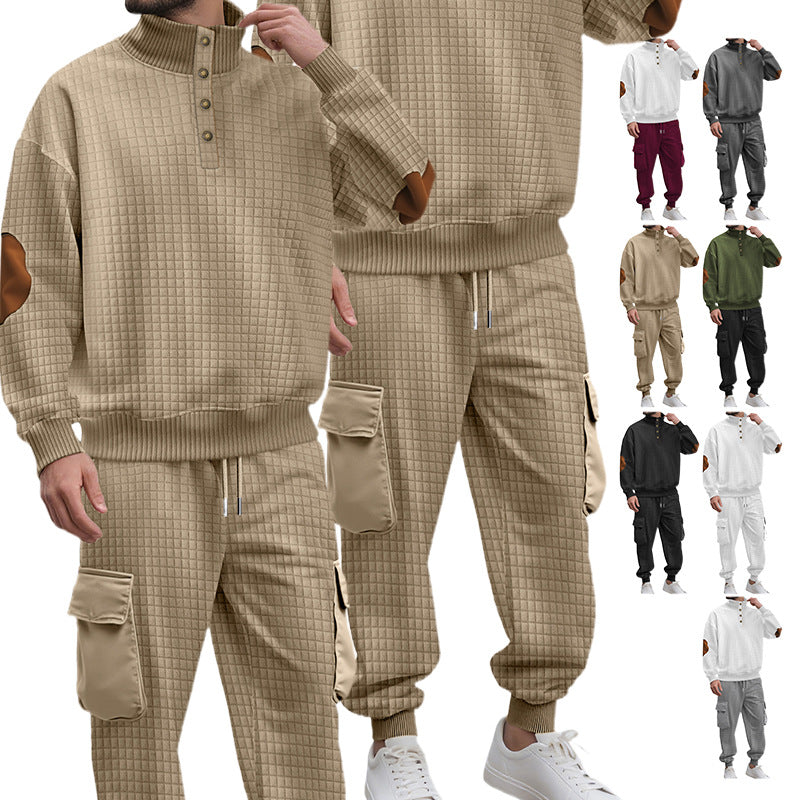 Herren nan Karo-relief-sweatset med ståkrave-knapliste, velour-ellbogenlapper og cargo-jogger Skovae