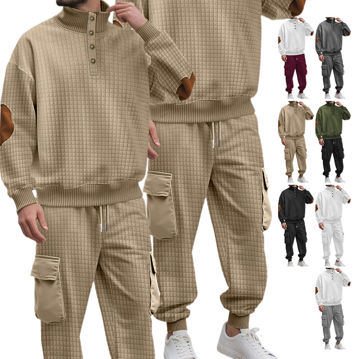 Herren nan Karo-relief-sweatset med ståkrave-knapliste, velour-ellbogenlapper og cargo-jogger Skovae