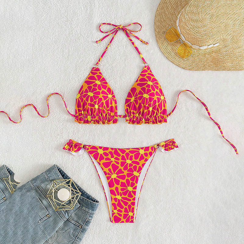 Dame Triangel-Bikini med farverigt blomsterdesign og justerbare stropper Skovae