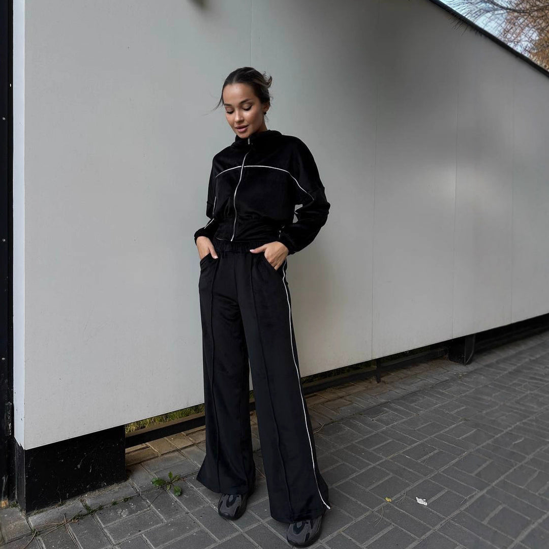 Kvinder Sporty Fleece Loungewear Sæt med Korte Jakke og Behagelige Bukser Skovae