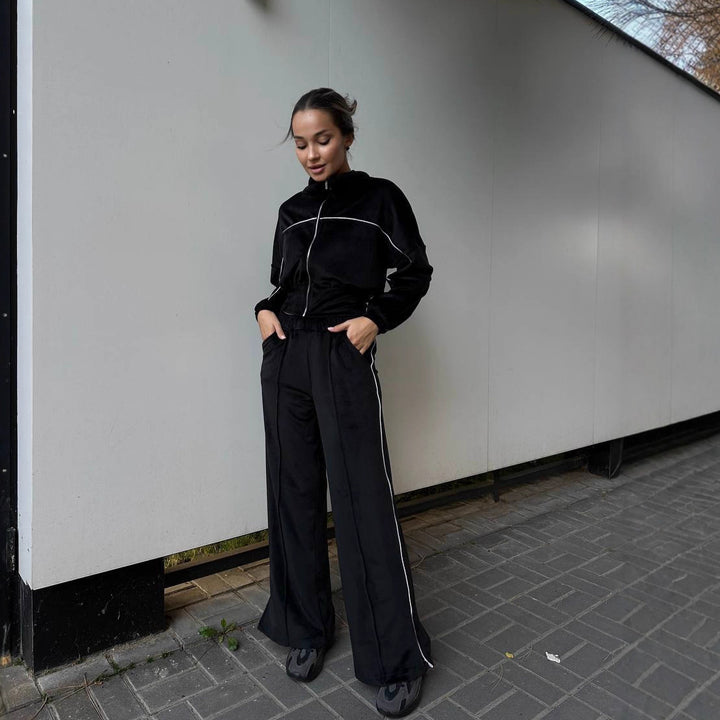 Kvinder Sporty Fleece Loungewear Sæt med Korte Jakke og Behagelige Bukser Skovae