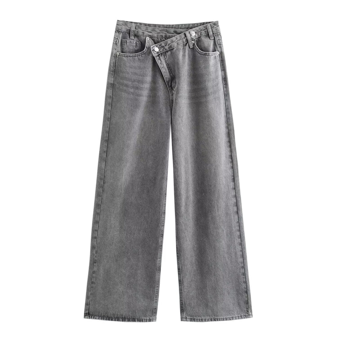 Dame bredt skårne jeans med asymmetrisk knaplukning og høj talje Skovae