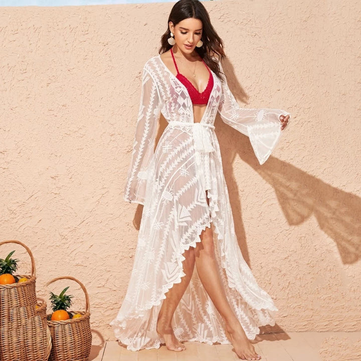 Dame Gennemsigtig Strandkimono med elegant Spids og brede Ærmer Stilla