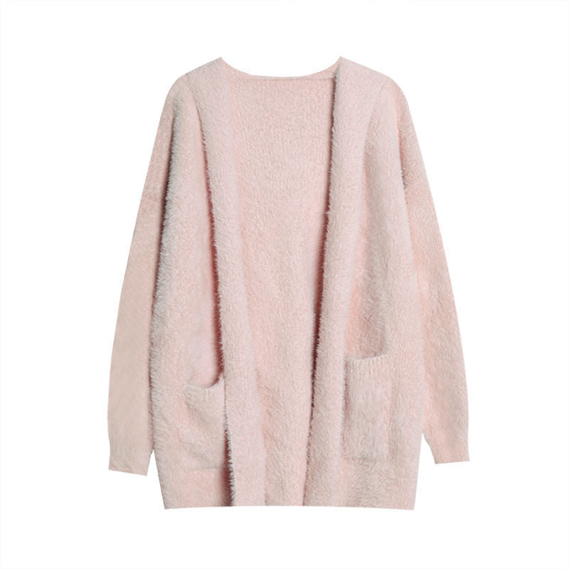 Kvinders fluffy strik cardigan med casual lommer og åben skæring Stilla