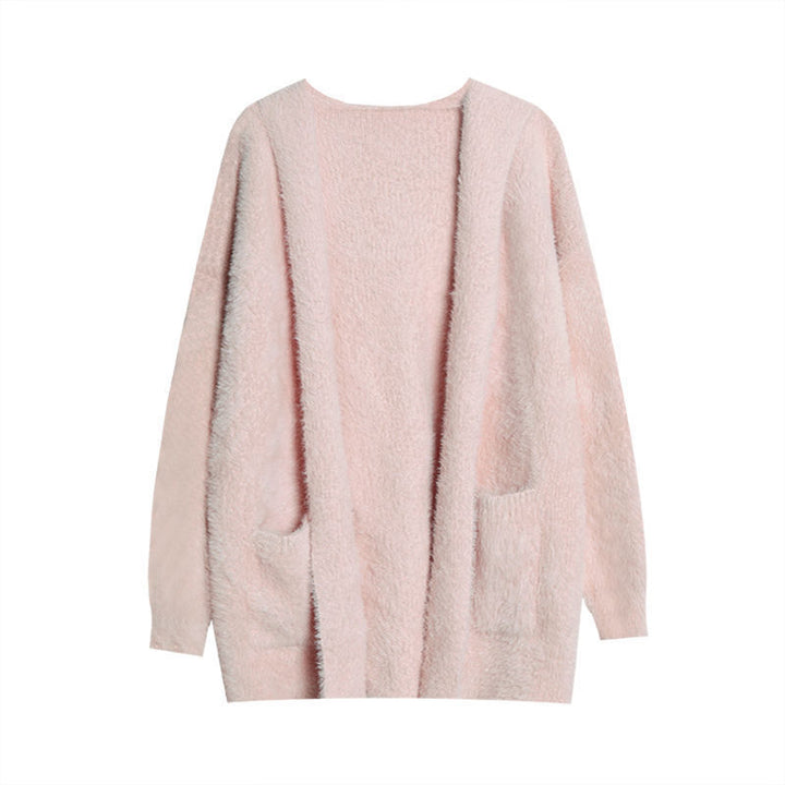 Kvinders fluffy strik cardigan med casual lommer og åben skæring Stilla