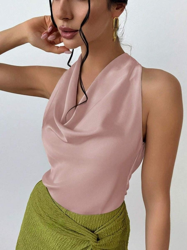 Dame Elegant satin top med smart vandfald udskæring Skovae