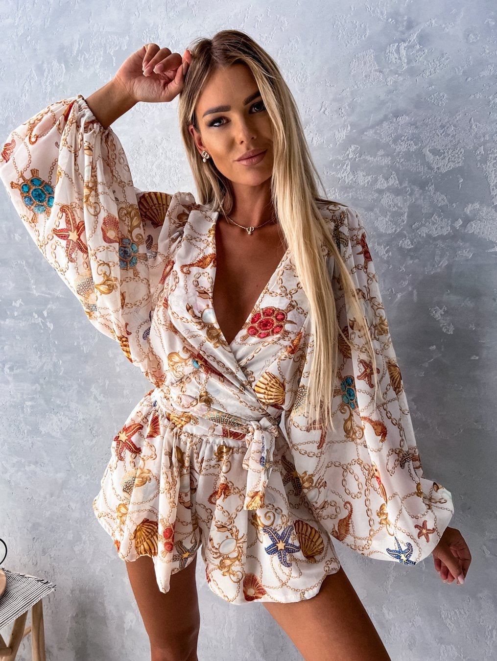 Kvinder Elegant Bohemian Print Wrap Playsuit Stilla