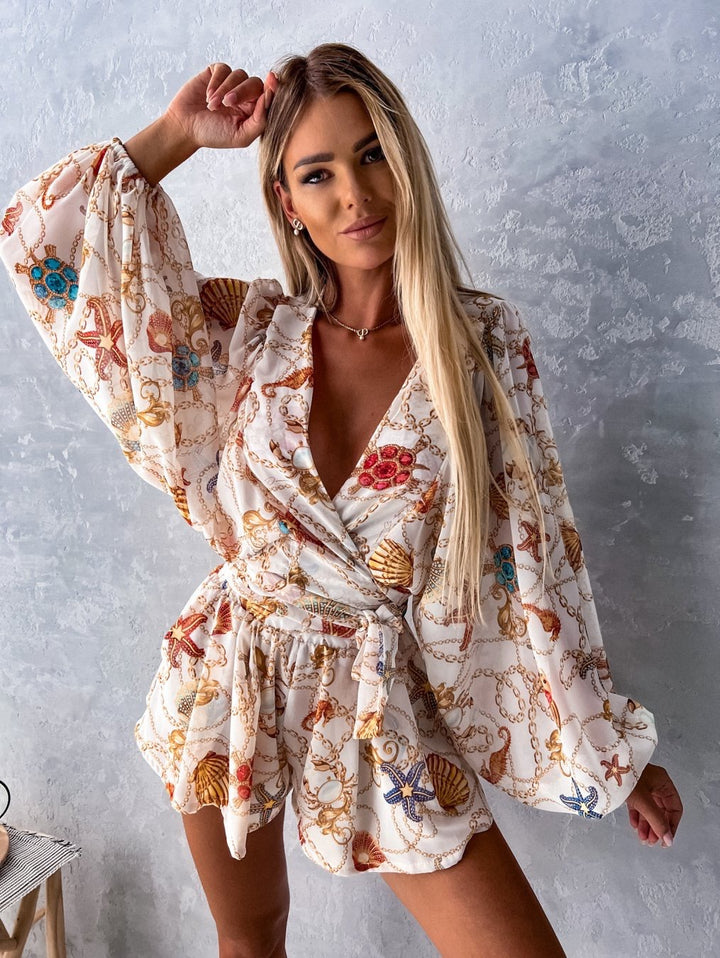 Kvinder Elegant Bohemian Print Wrap Playsuit Stilla