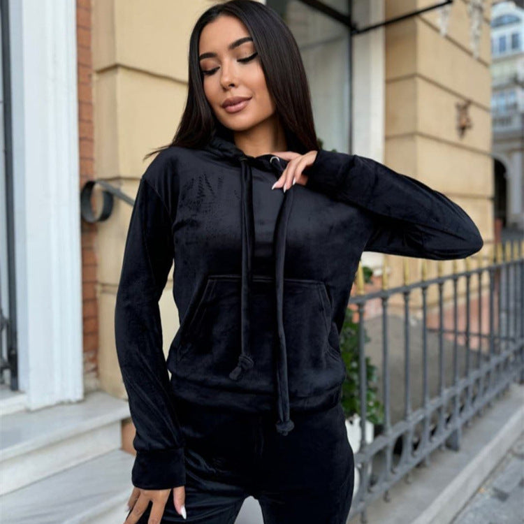 Kvinders sporty fleece træningsdragt sæt med hætte og elastisk talje Skovae
