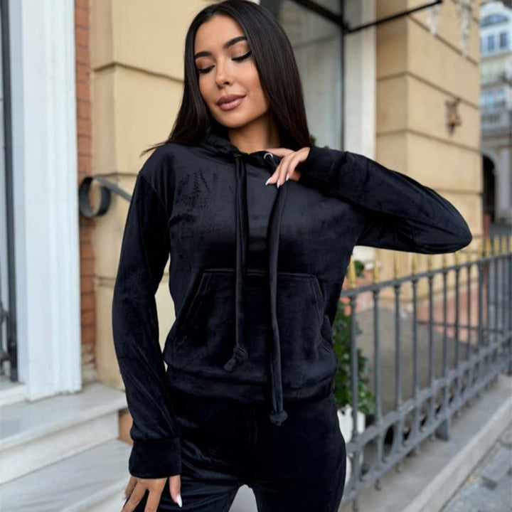 Kvinders sporty fleece træningsdragt sæt med hætte og elastisk talje Skovae