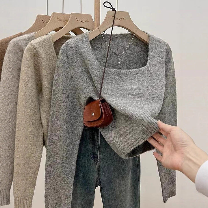 Kvinders elegante korte sweater med firkantet halsudskæring og fin strik tekstur Stilla