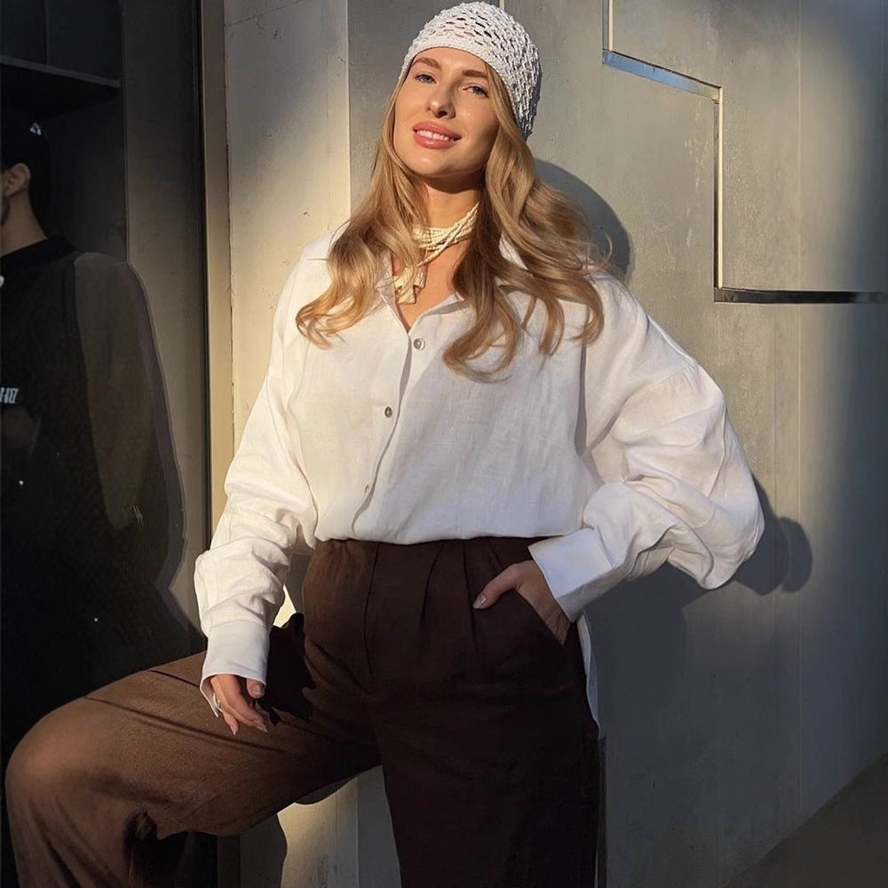 Dame luftig linned blouse med stilfuldt knudedetalje og lange ærmer Stilla
