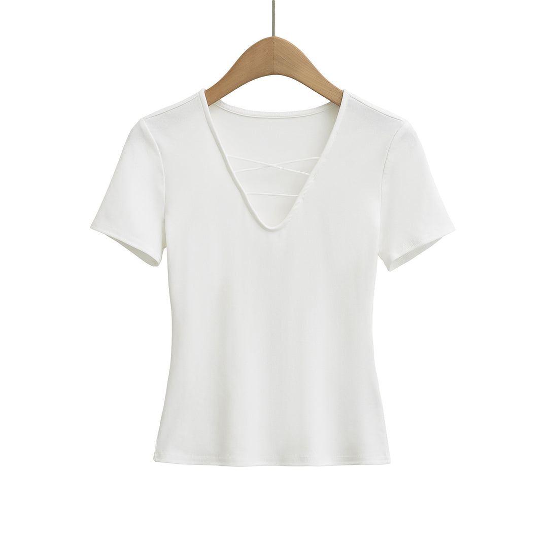 Dame afslappet V-hals T-shirt med unikt rygdesign Stilla
