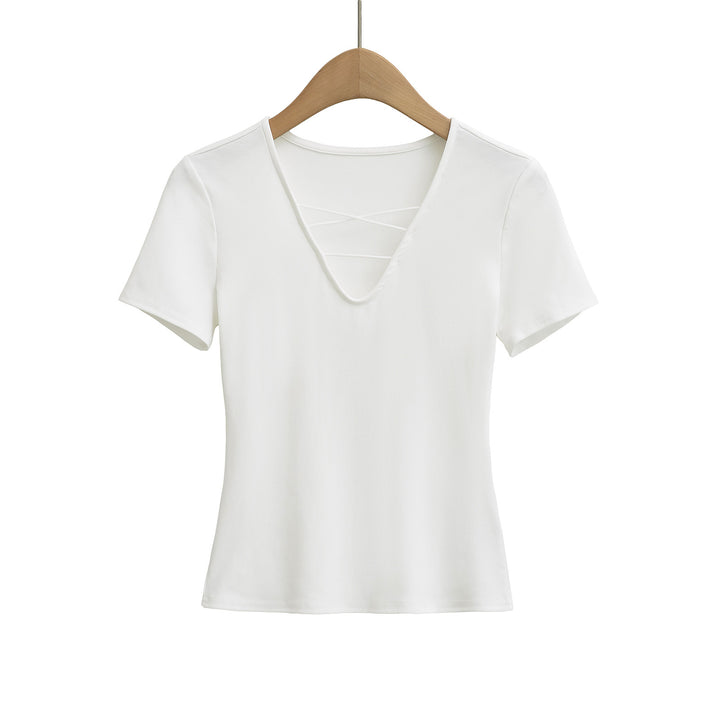 Dame afslappet V-hals T-shirt med unikt rygdesign Stilla