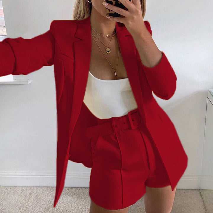 Dame afslappet blazer-shorts-sæt med taljebælte Stilla