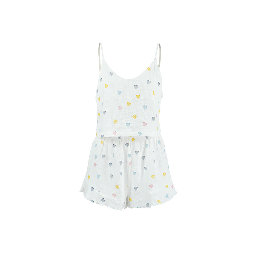 Dame pyjamasæt med hjerte-motiver og voluminøse ruffle-detaljer Stilla