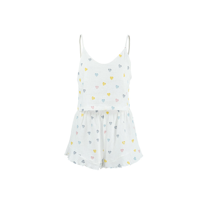Dame pyjamasæt med hjerte-motiver og voluminøse ruffle-detaljer Stilla